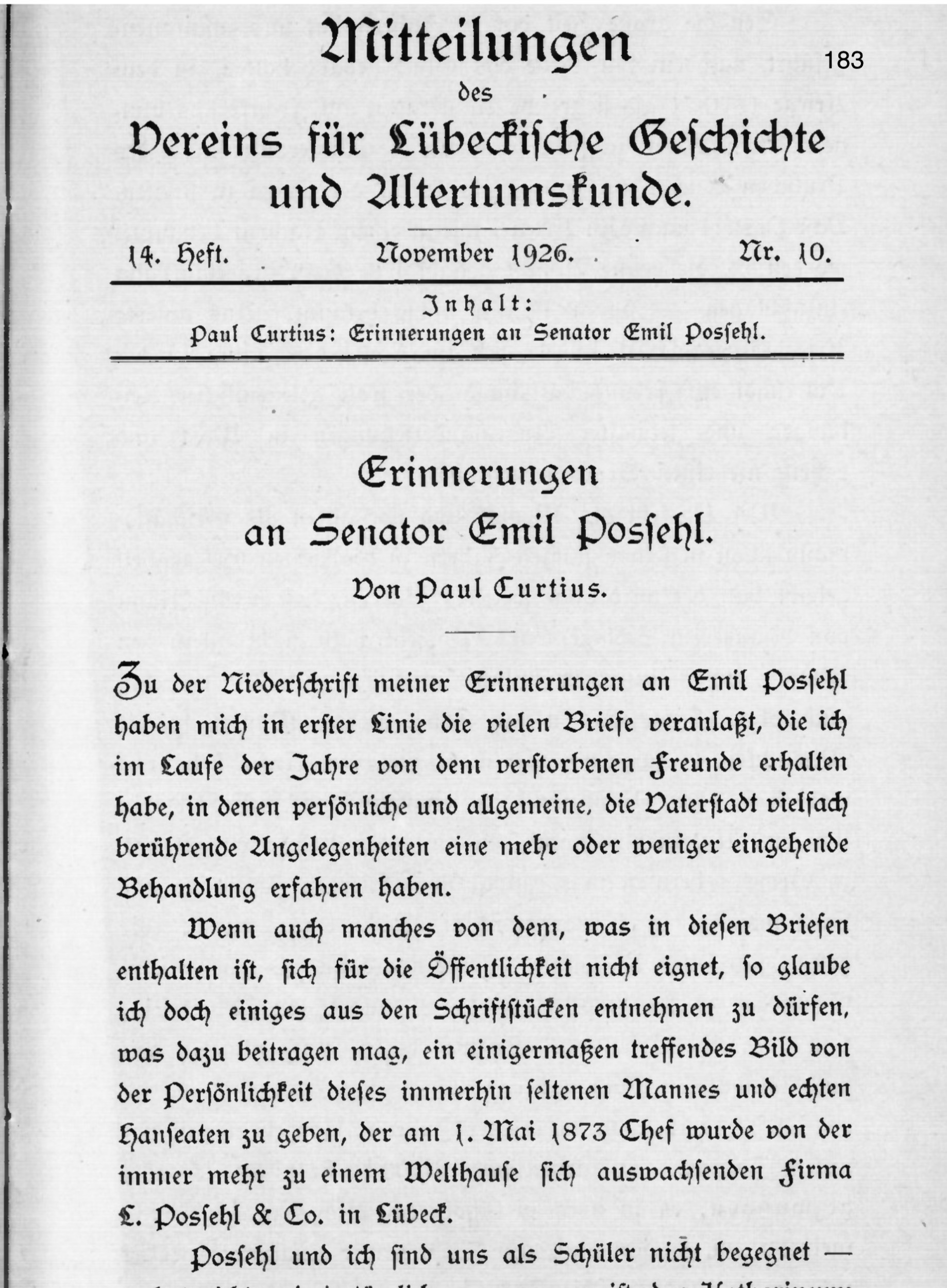Paul Curtius Erinnerungen an Senator Emil Possehl